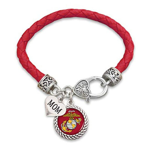 U.S. Marines Mom Leather Bracelet with Round Logo, Charm and Lobster Clasp Jewelry